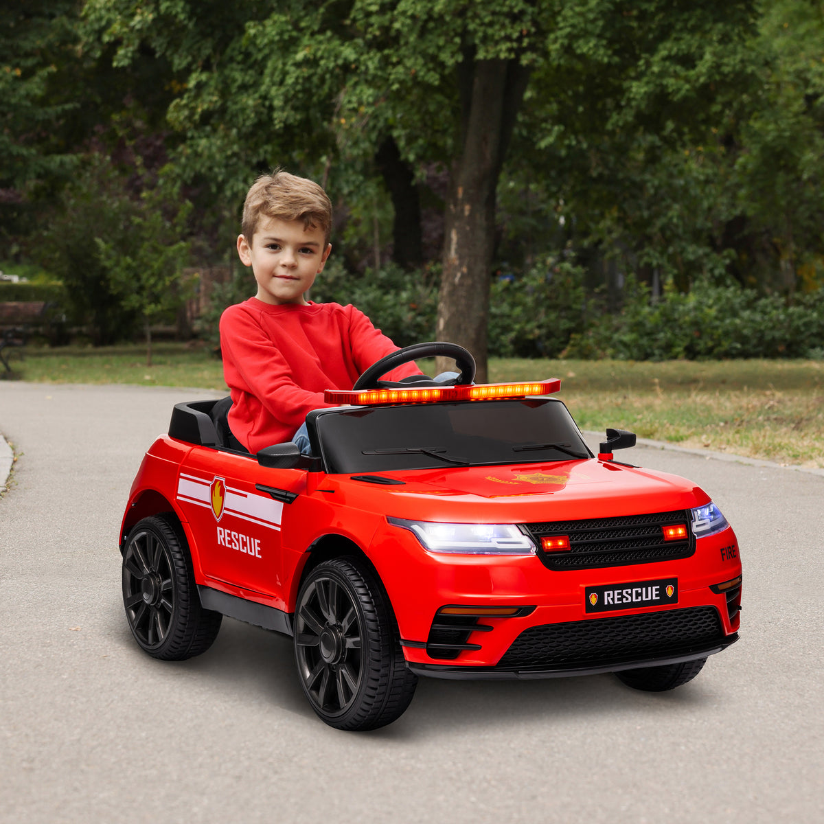 Qaba 12V Kids Electric Fire Truck w/ Remote Control, Spring Suspension, Transport Wheel, Siren, Music, Light, Horn, Red