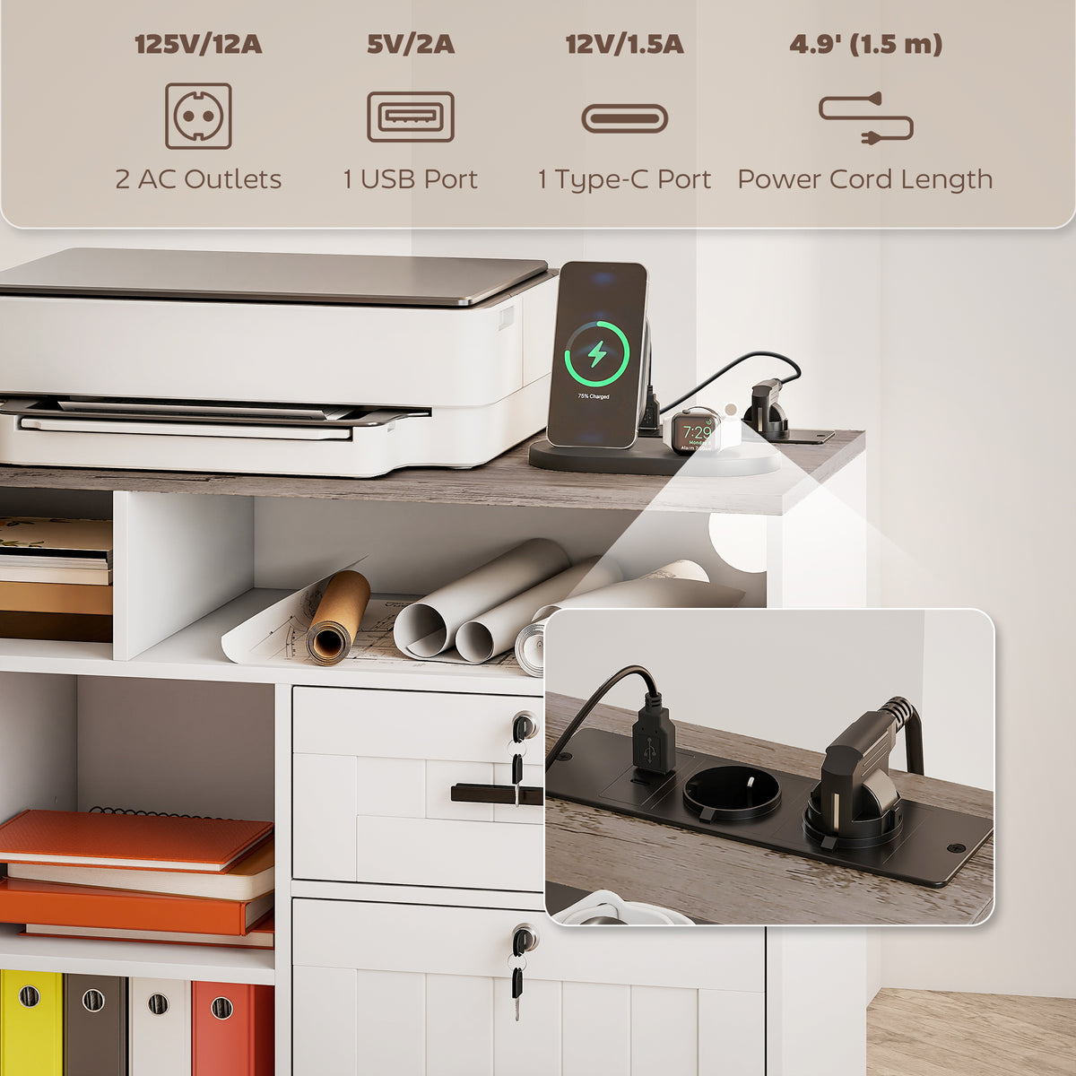 Mobile Printer Stand with Charging Station and USB Ports, Locking Filing Cabinet for A4 and Letter Size, White