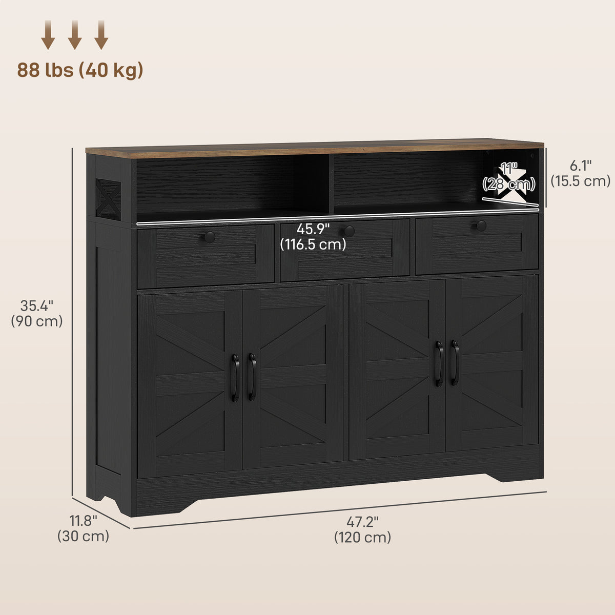 Sideboard, Buffet Cabinet with 4 Barn Doors and 3 Drawers, Coffee Bar Cabinet with Adjustable Shelves, Black – view 2
