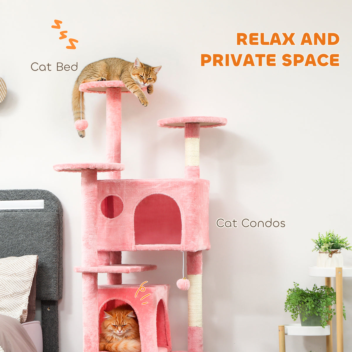 54" Cat Tree, Multi-Level Cat Tower with Scratching Posts, Cat Condos, Bed, Platforms, Ramp, Toy Ball, Beige – view 95
