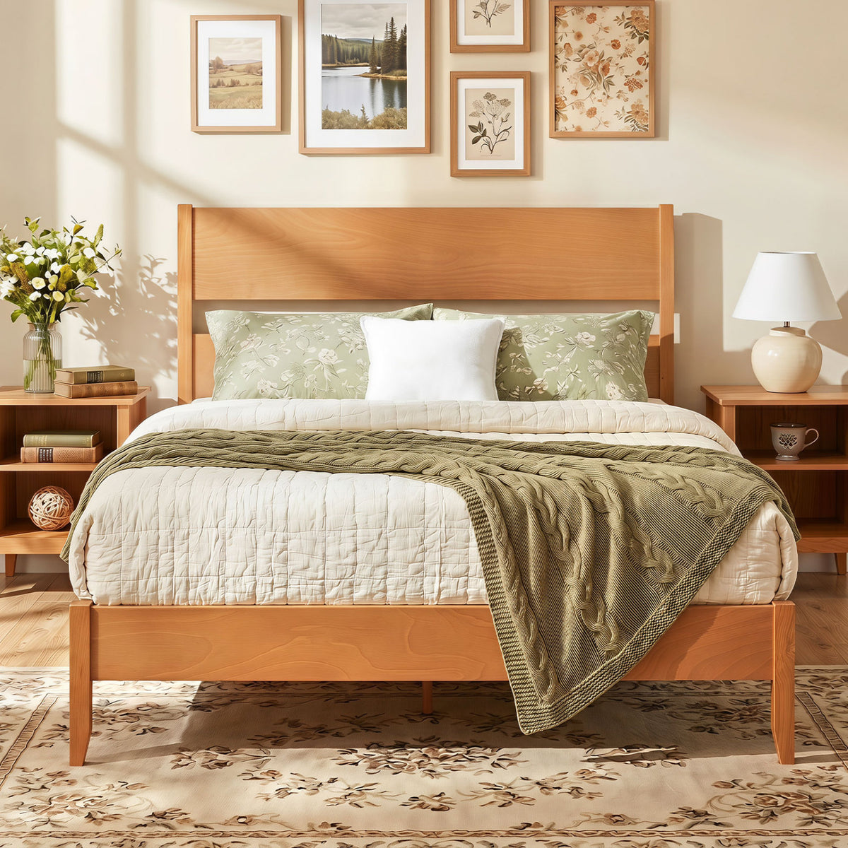 Queen Bed Frame with Headboard and Solid Wood Legs 12 Slats-Warm Brown view 2