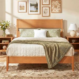 Queen Bed Frame with Headboard and Solid Wood Legs 12 Slats-Warm Brown view 2