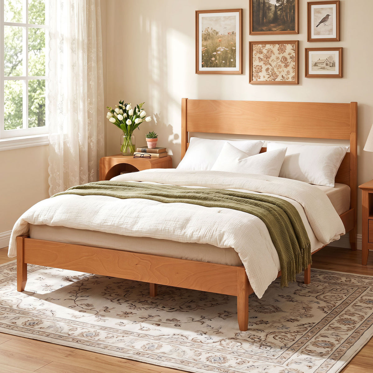 Queen Bed Frame with Headboard and Solid Wood Legs 12 Slats-Warm Brown view 3