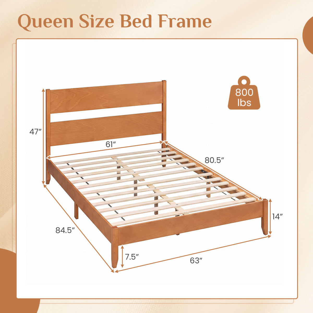 Queen Bed Frame with Headboard and Solid Wood Legs 12 Slats-Warm Brown view 4