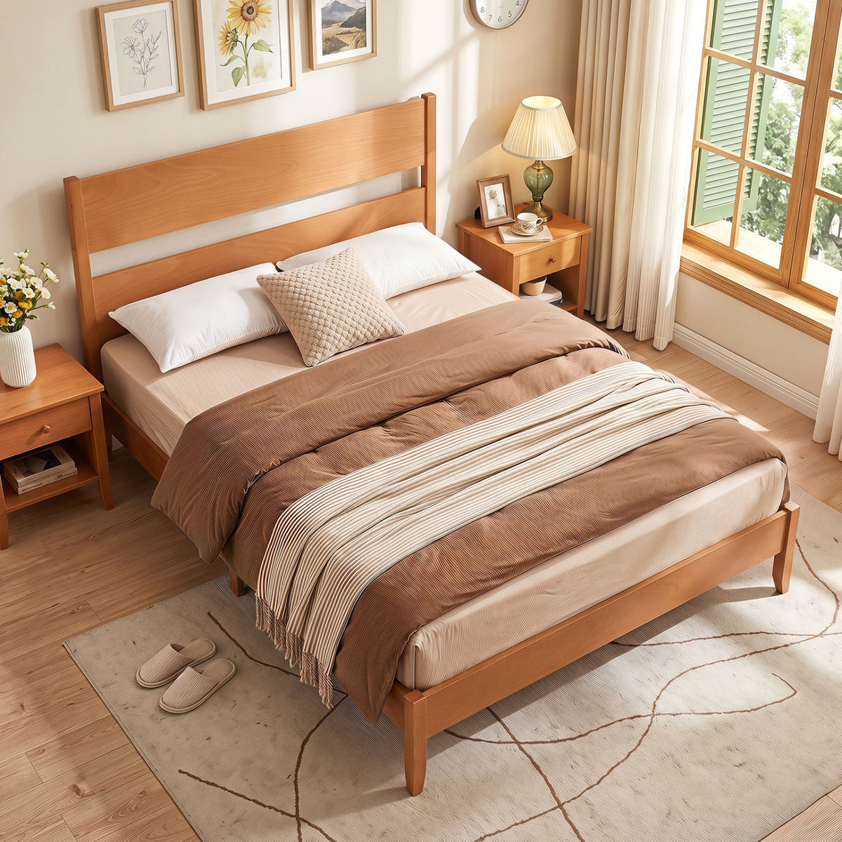 Queen Bed Frame with Headboard and Solid Wood Legs 12 Slats-Warm Brown view 5