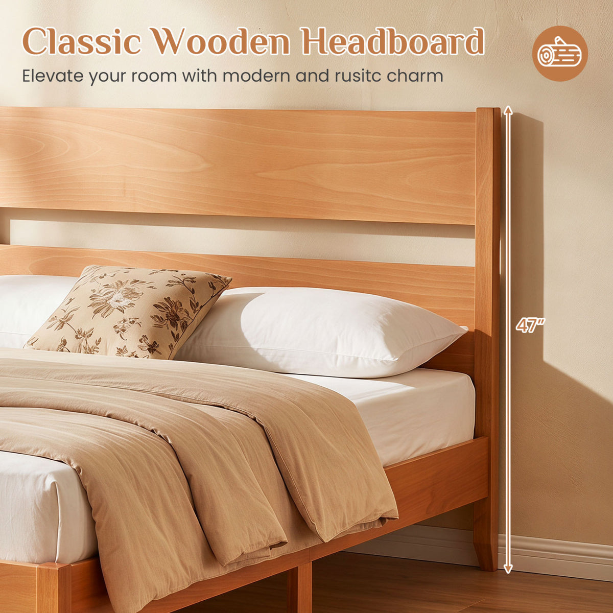 Queen Bed Frame with Headboard and Solid Wood Legs 12 Slats-Warm Brown view 6
