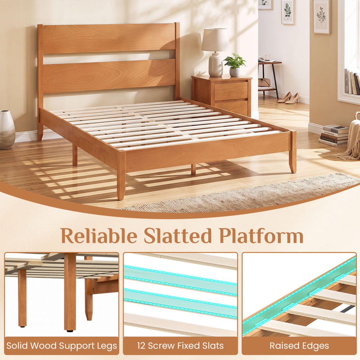 Queen Bed Frame with Headboard and Solid Wood Legs 12 Slats-Warm Brown view 7