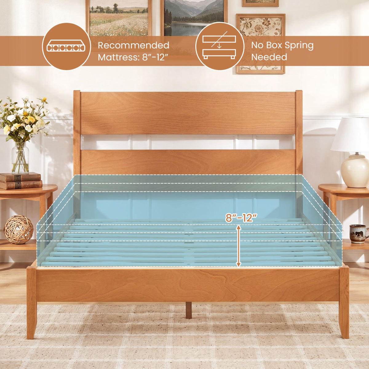 Queen Bed Frame with Headboard and Solid Wood Legs 12 Slats-Warm Brown view 9