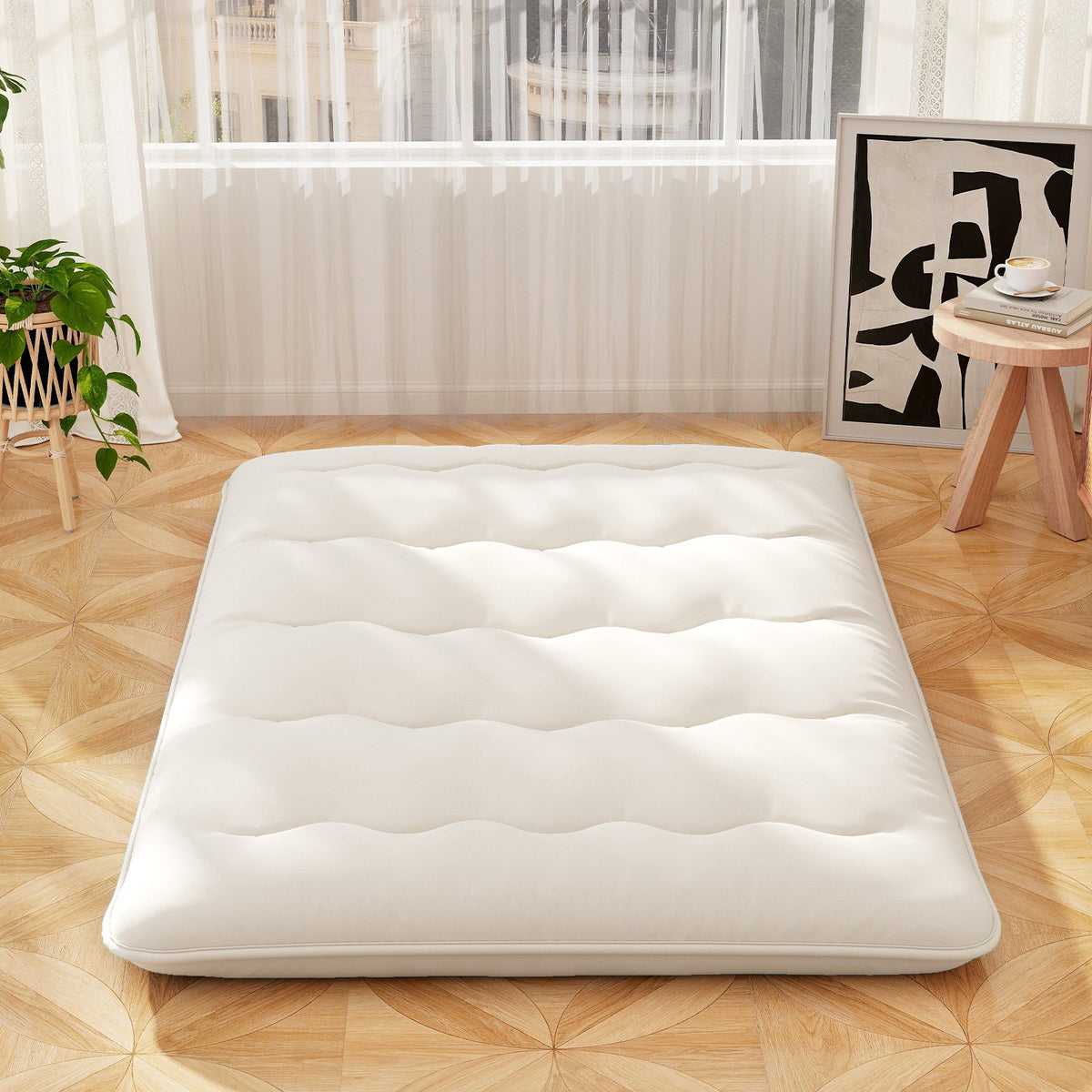 Queen/King/Twin/Full Futon Mattress Floor Sleeping Pad with Washable Cover Beige-Full Size view 3