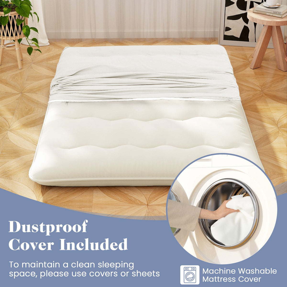 Queen/King/Twin/Full Futon Mattress Floor Sleeping Pad with Washable Cover Beige-Full Size view 6