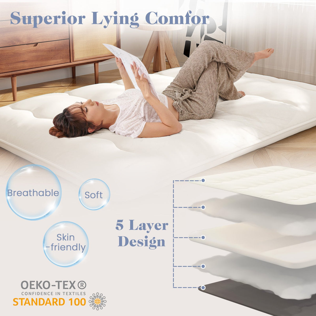 Queen/King/Twin/Full Futon Mattress Floor Sleeping Pad with Washable Cover Beige-Full Size view 7