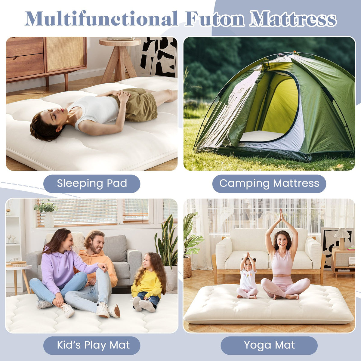 Queen/King/Twin/Full Futon Mattress Floor Sleeping Pad with Washable Cover Beige-Full Size view 8