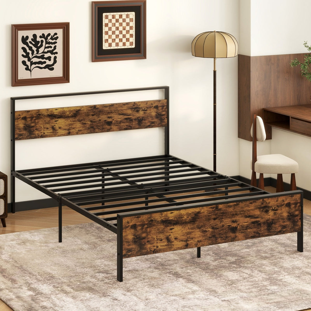 Queen Metal Bed Frame Industrial Platform Bed with Wooden Headboard-Queen Size view 2