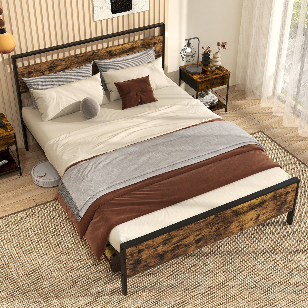 Queen Metal Bed Frame Industrial Platform Bed with Wooden Headboard-Queen Size view 3