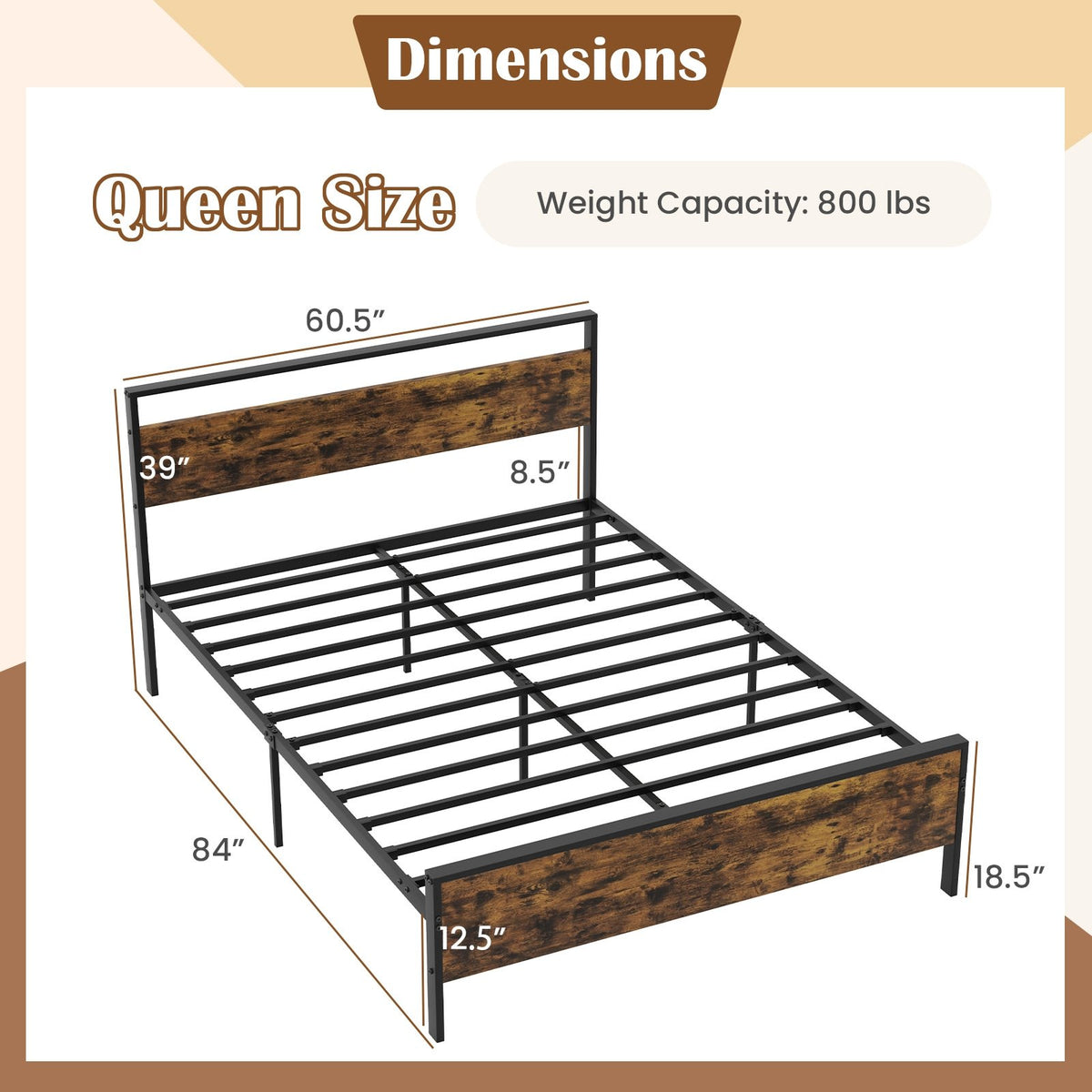Queen Metal Bed Frame Industrial Platform Bed with Wooden Headboard-Queen Size view 4