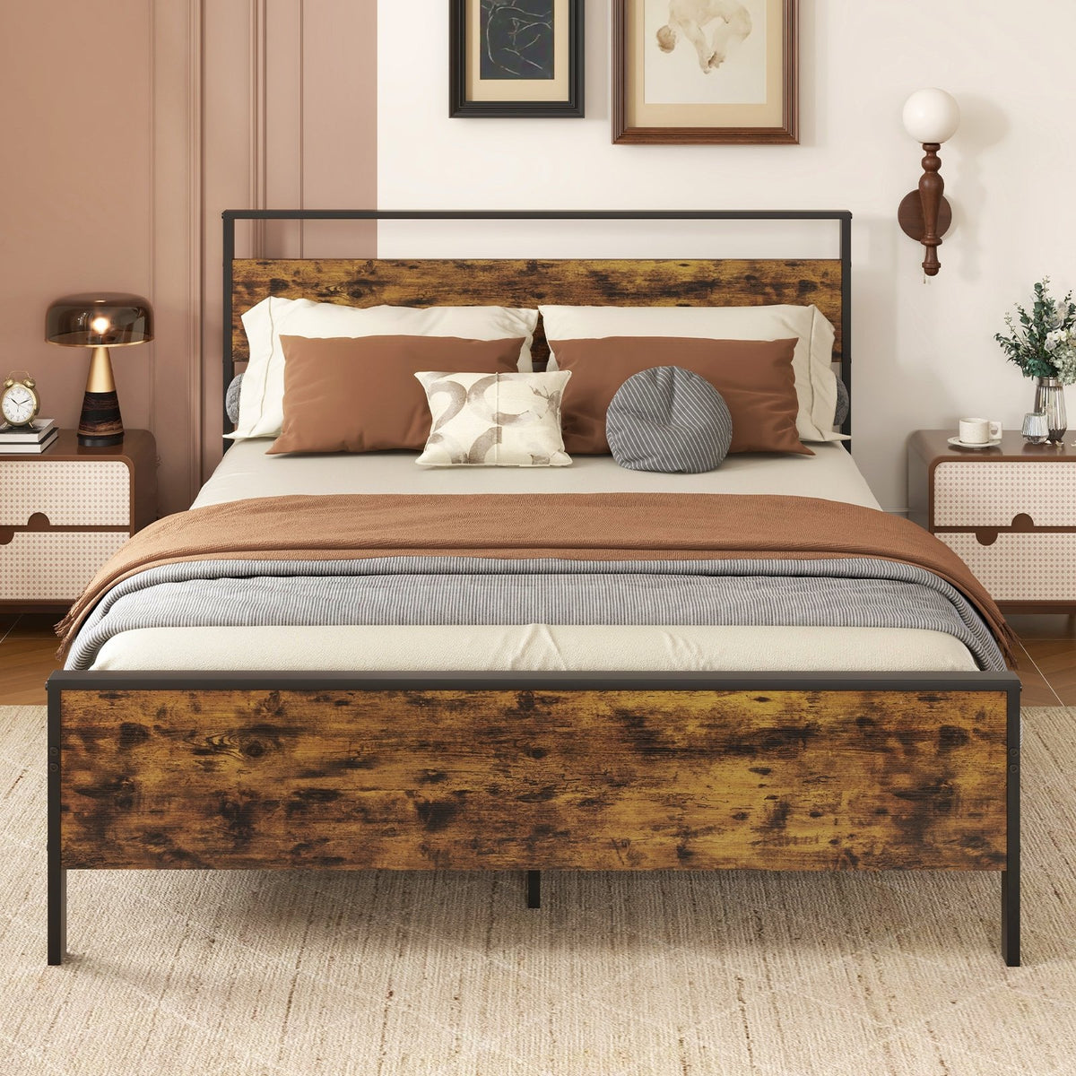 Queen Metal Bed Frame Industrial Platform Bed with Wooden Headboard-Queen Size view 6