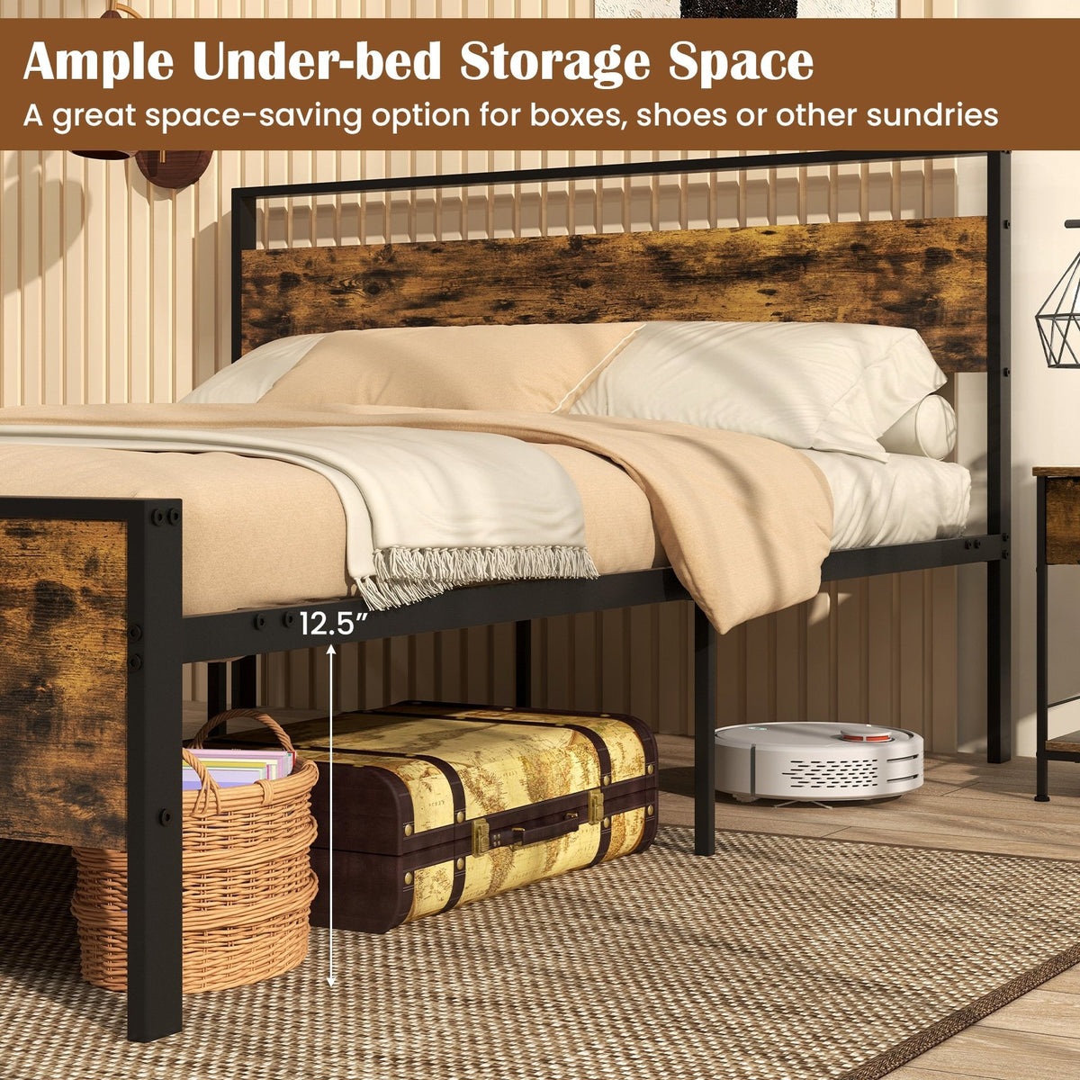 Queen Metal Bed Frame Industrial Platform Bed with Wooden Headboard-Queen Size view 7