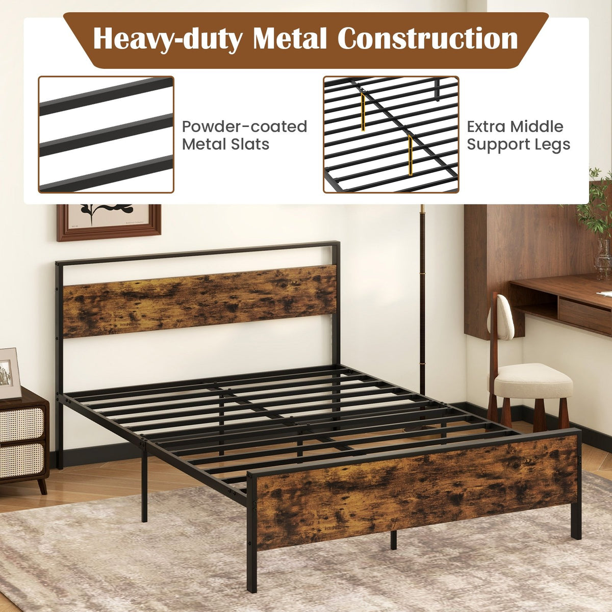 Queen Metal Bed Frame Industrial Platform Bed with Wooden Headboard-Queen Size view 8