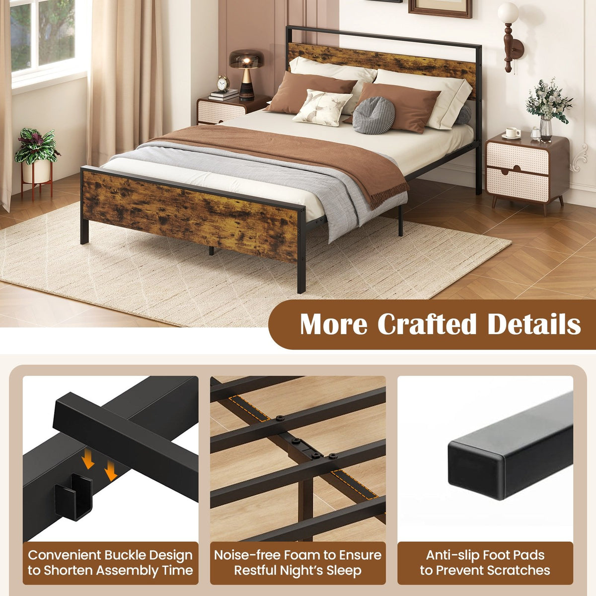 Queen Metal Bed Frame Industrial Platform Bed with Wooden Headboard-Queen Size view 9