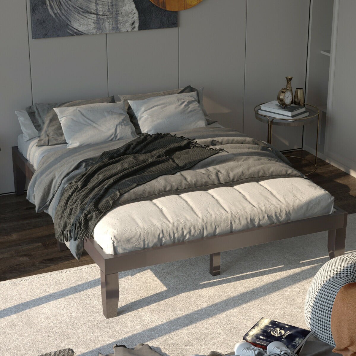 Queen Size 14 Inch Wooden Bed Mattress Frame-Brown view 2