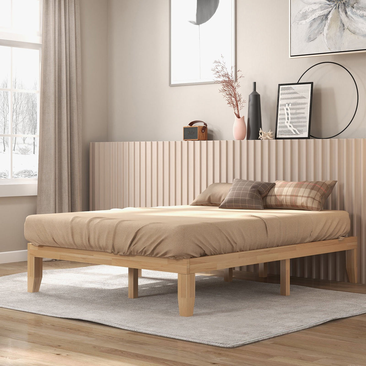 Queen Size 14 Inch Wooden Bed Mattress Frame-Natural view 2