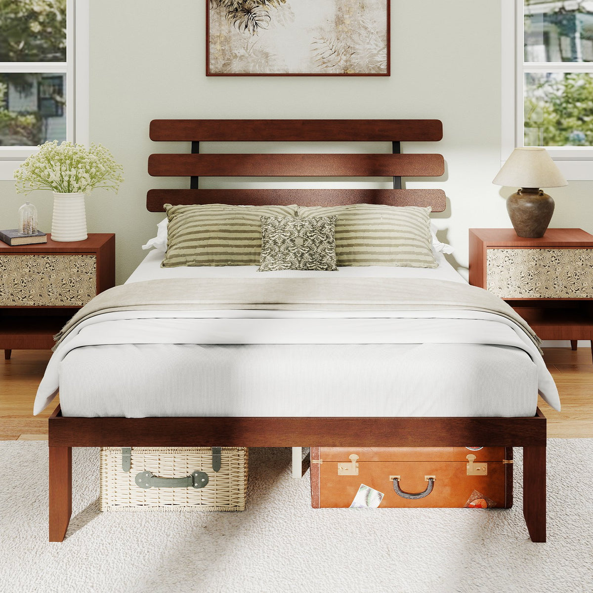 Queen Size Bed Frame 15.5 Inch Solid Wood Platform Bed with Retro Headboard view 5