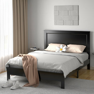 Queen Size Bed Frame Platform Slat High Headboard Bedroom with Rubber Wood Leg-Black view 2
