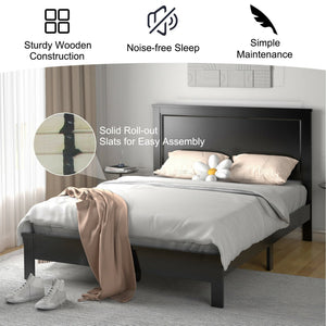 Queen Size Bed Frame Platform Slat High Headboard Bedroom with Rubber Wood Leg-Black view 3