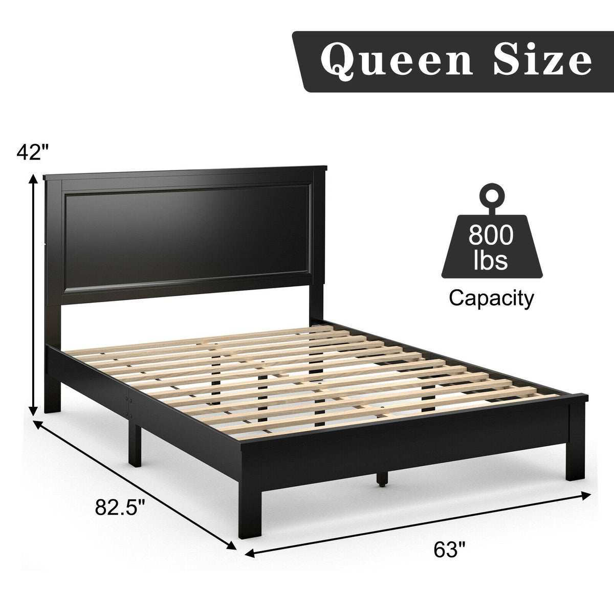 Queen Size Bed Frame Platform Slat High Headboard Bedroom with Rubber Wood Leg-Black view 4