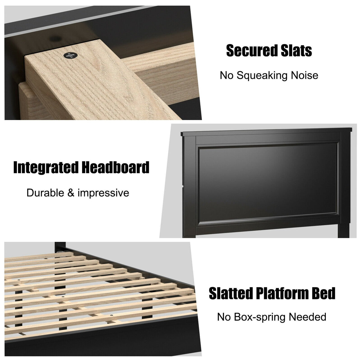 Queen Size Bed Frame Platform Slat High Headboard Bedroom with Rubber Wood Leg-Black view 5
