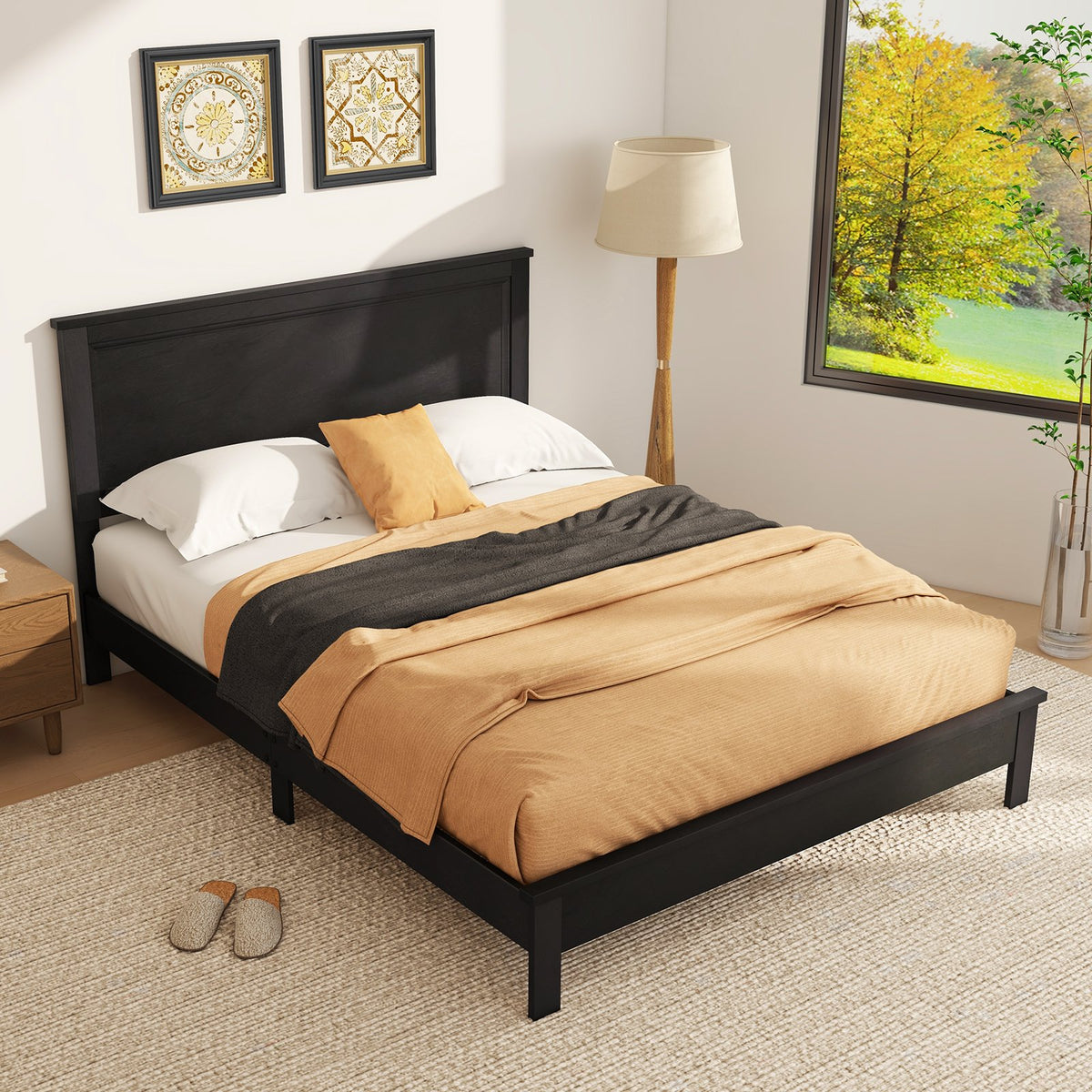 Queen Size Bed Frame Platform Slat High Headboard Bedroom with Rubber Wood Leg-Black view 6