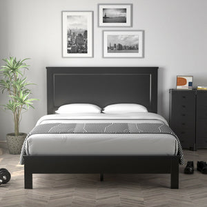 Queen Size Bed Frame Platform Slat High Headboard Bedroom with Rubber Wood Leg-Black view 7