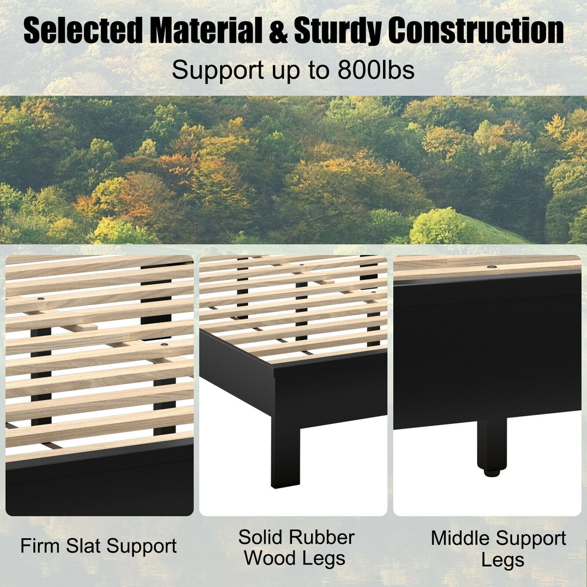 Queen Size Bed Frame Platform Slat High Headboard Bedroom with Rubber Wood Leg-Black view 8