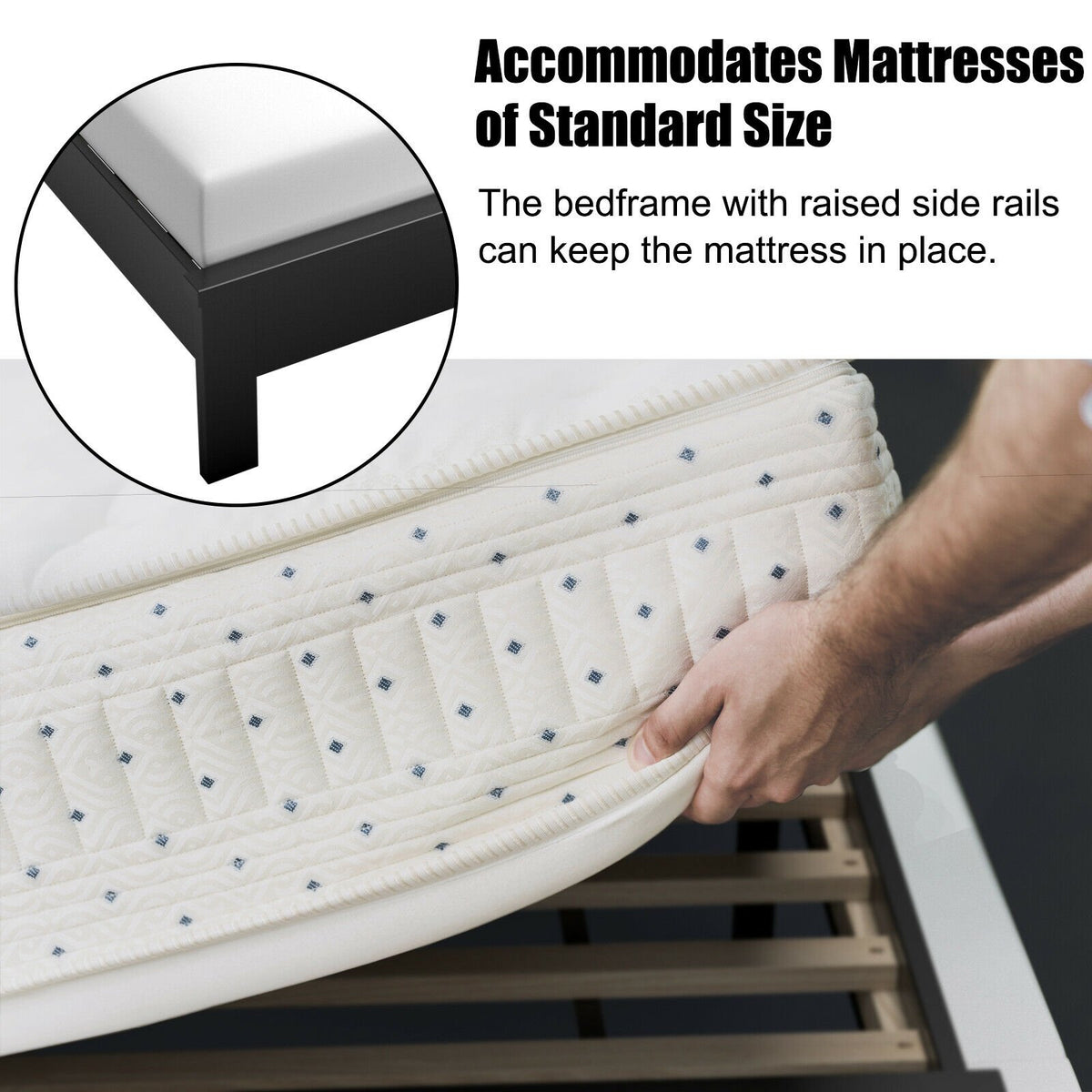Queen Size Bed Frame Platform Slat High Headboard Bedroom with Rubber Wood Leg-Black view 9