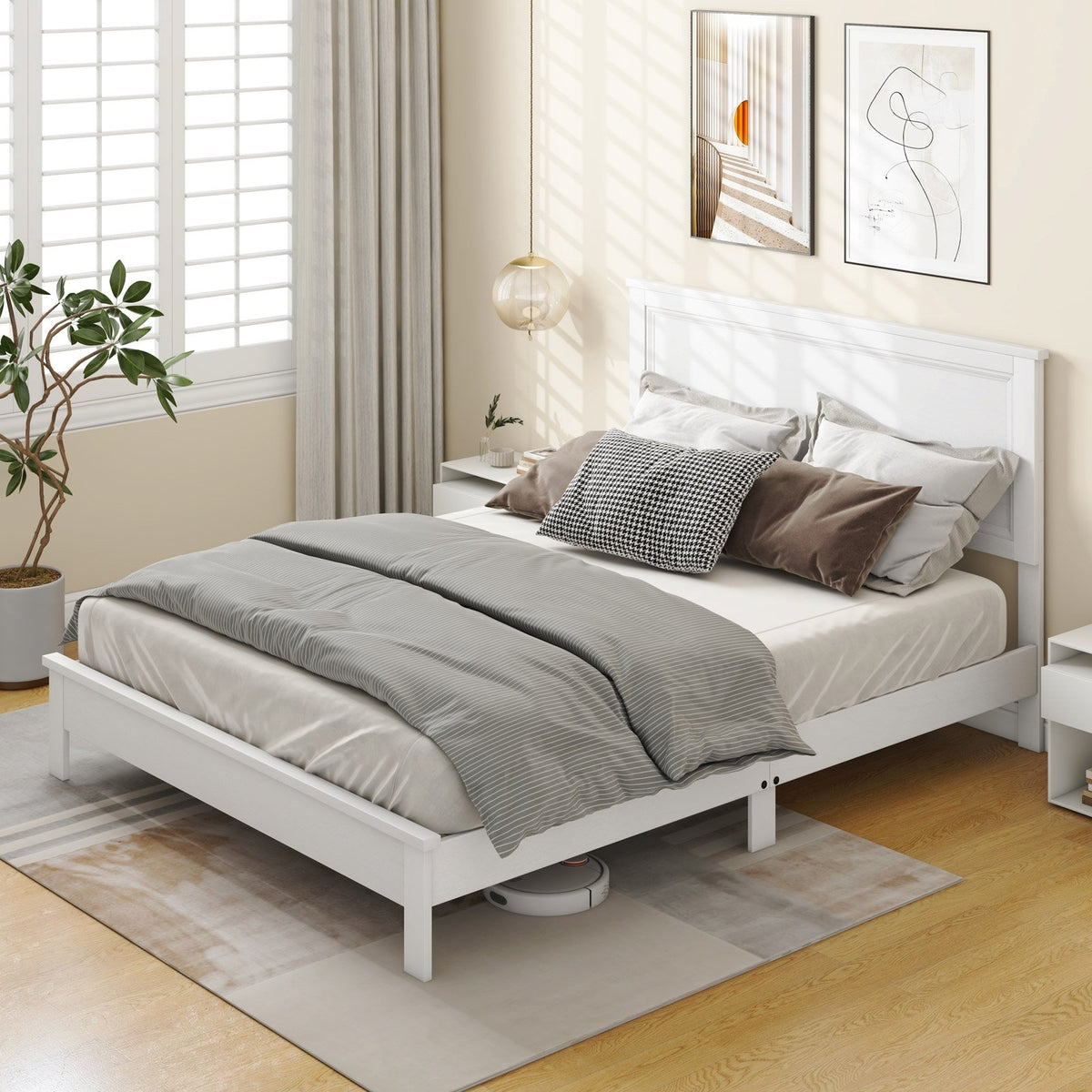 Queen Size Bed Frame Platform Slat High Headboard Bedroom with Rubber Wood Leg-White view 2