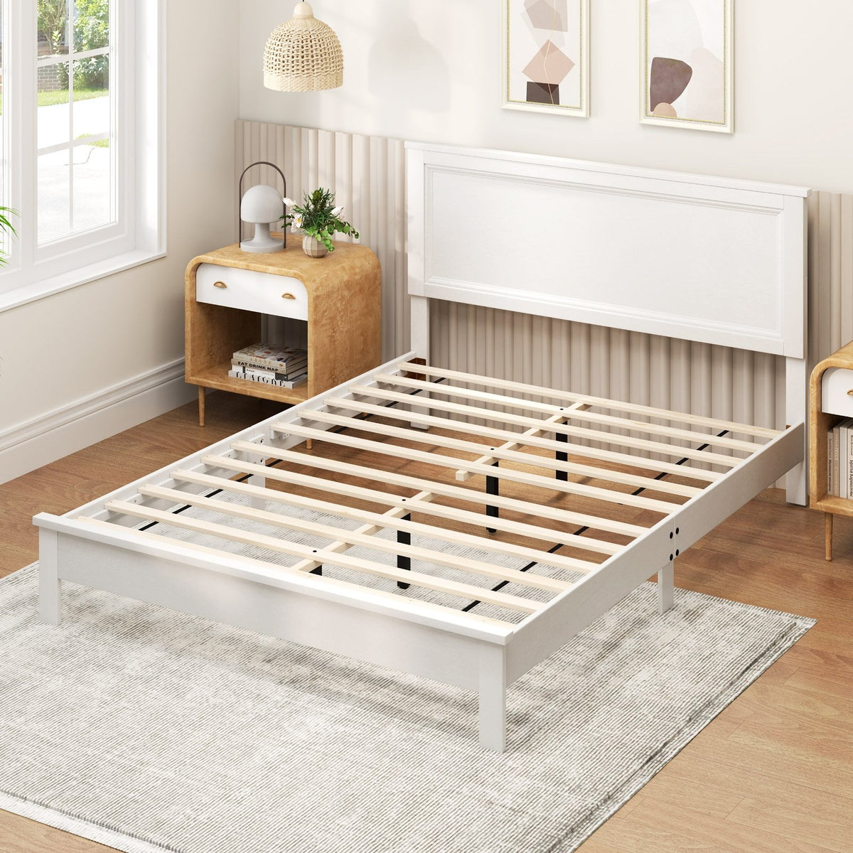 Queen Size Bed Frame Platform Slat High Headboard Bedroom with Rubber Wood Leg-White view 3