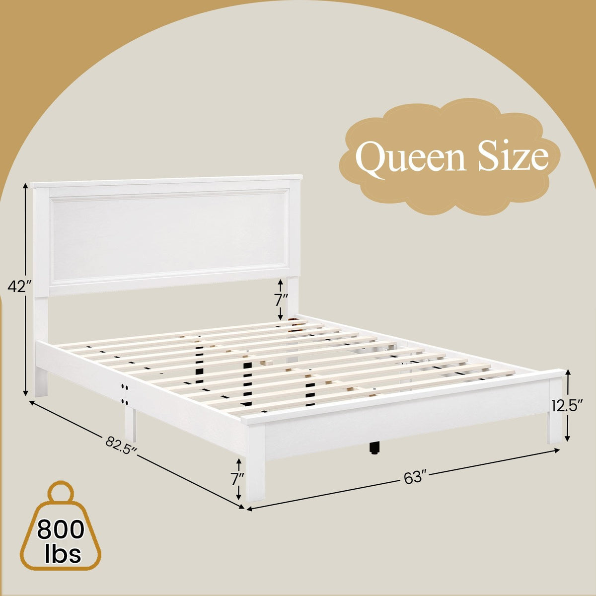 Queen Size Bed Frame Platform Slat High Headboard Bedroom with Rubber Wood Leg-White view 4