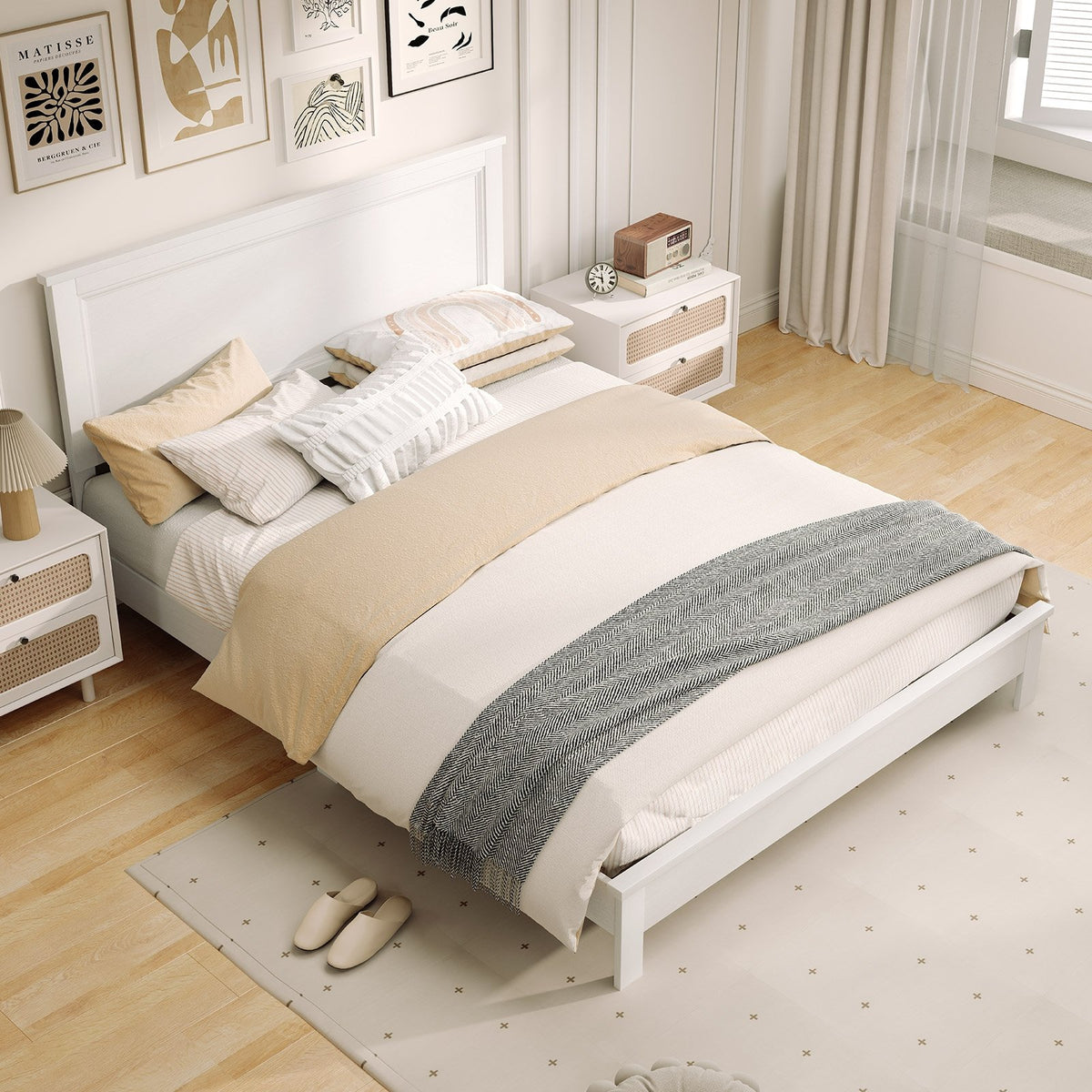 Queen Size Bed Frame Platform Slat High Headboard Bedroom with Rubber Wood Leg-White view 5
