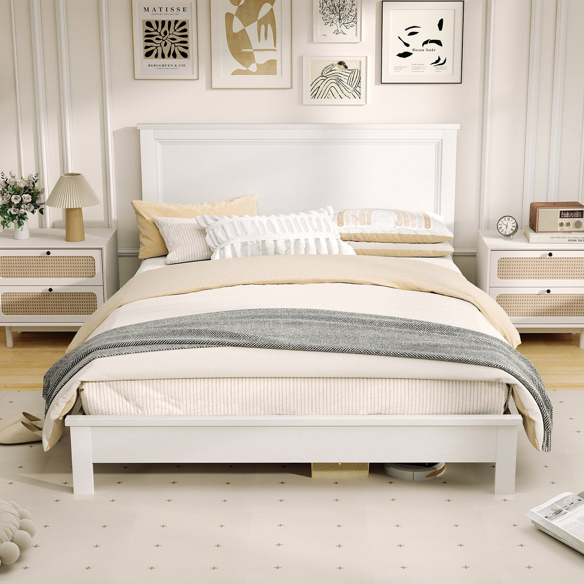 Queen Size Bed Frame Platform Slat High Headboard Bedroom with Rubber Wood Leg-White view 6