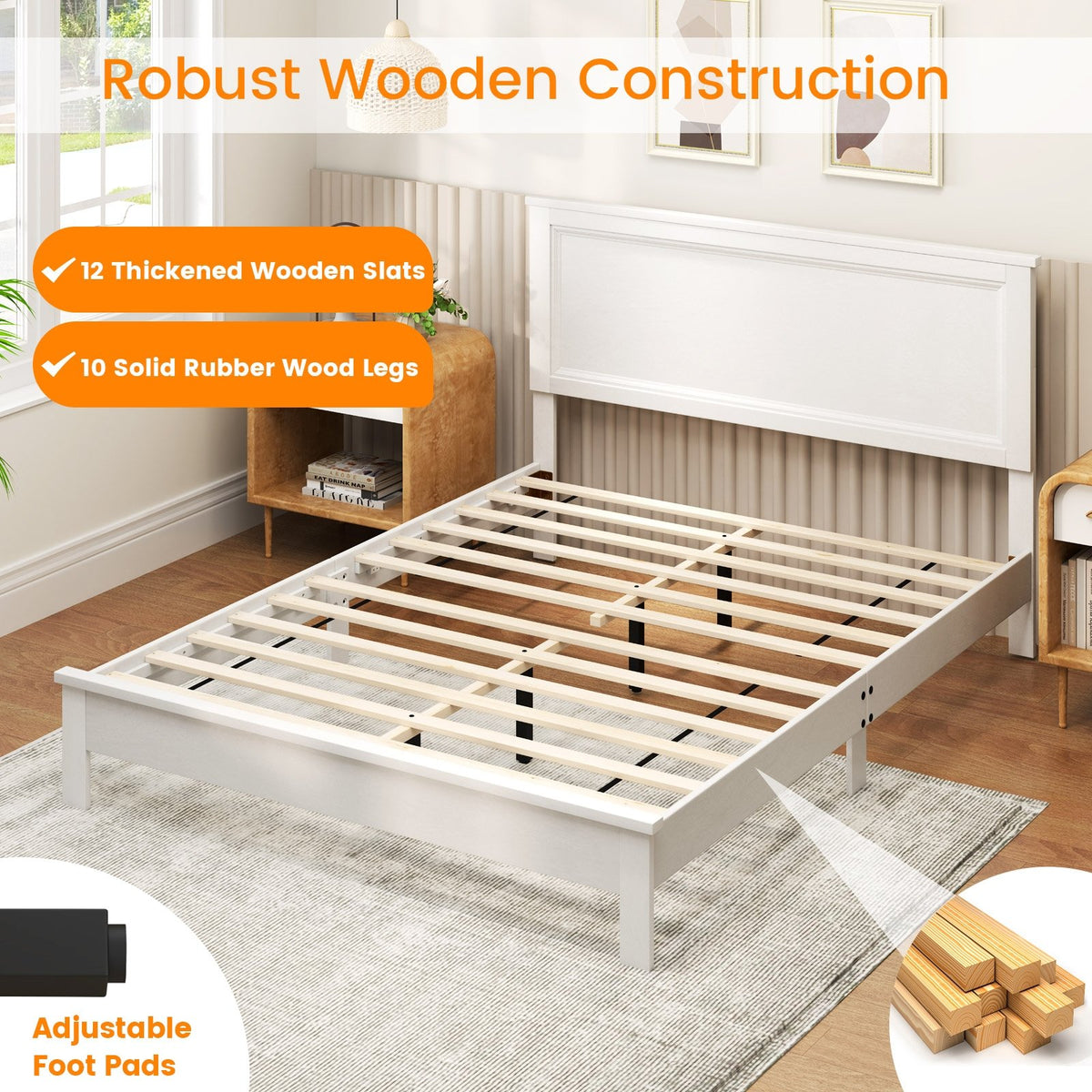 Queen Size Bed Frame Platform Slat High Headboard Bedroom with Rubber Wood Leg-White view 7