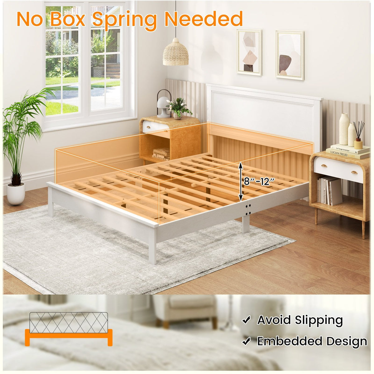 Queen Size Bed Frame Platform Slat High Headboard Bedroom with Rubber Wood Leg-White view 8