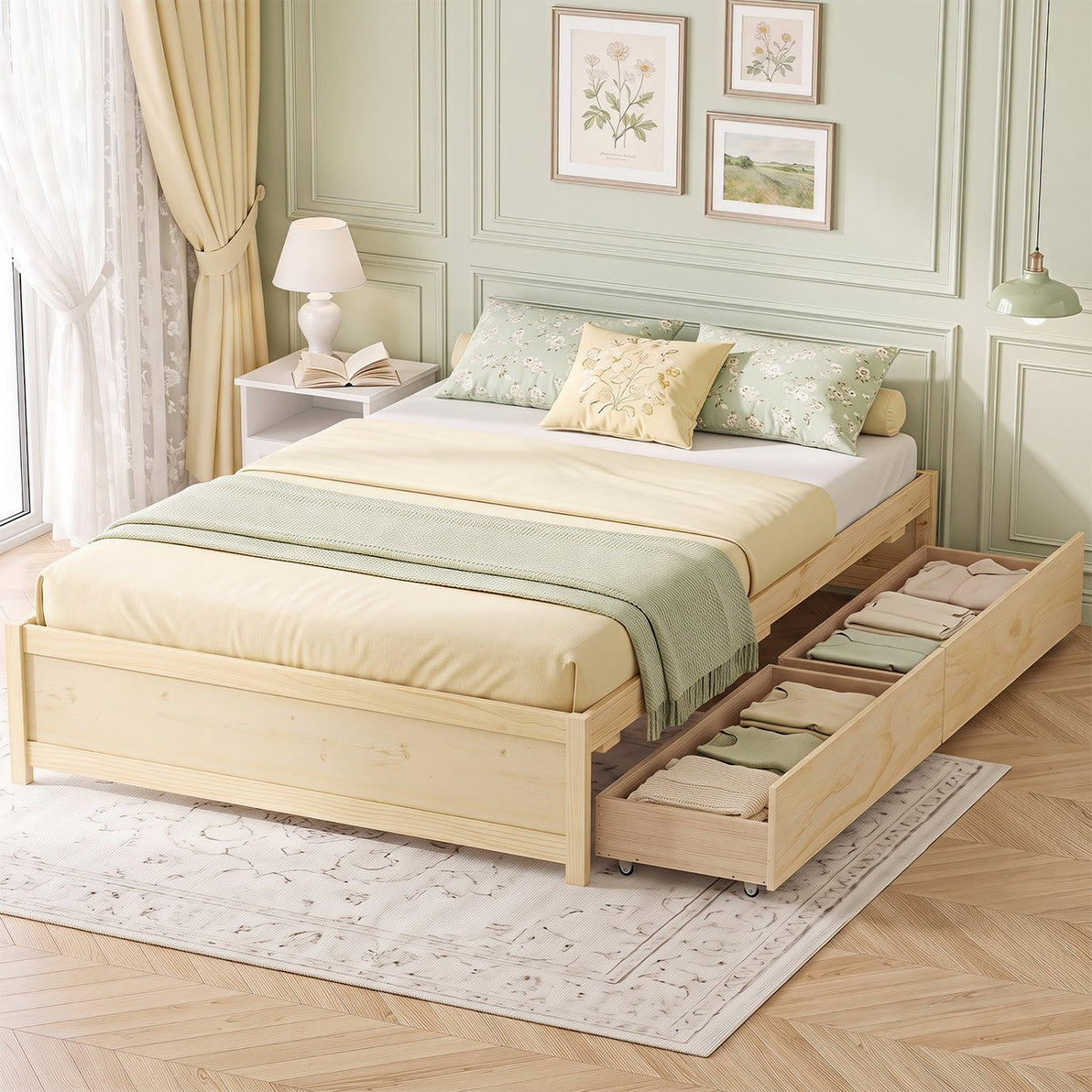 Queen Size Bed Frame with 2 Rolling Storage Drawers-Natural view 2