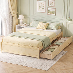 Queen Size Bed Frame with 2 Rolling Storage Drawers-Natural view 2