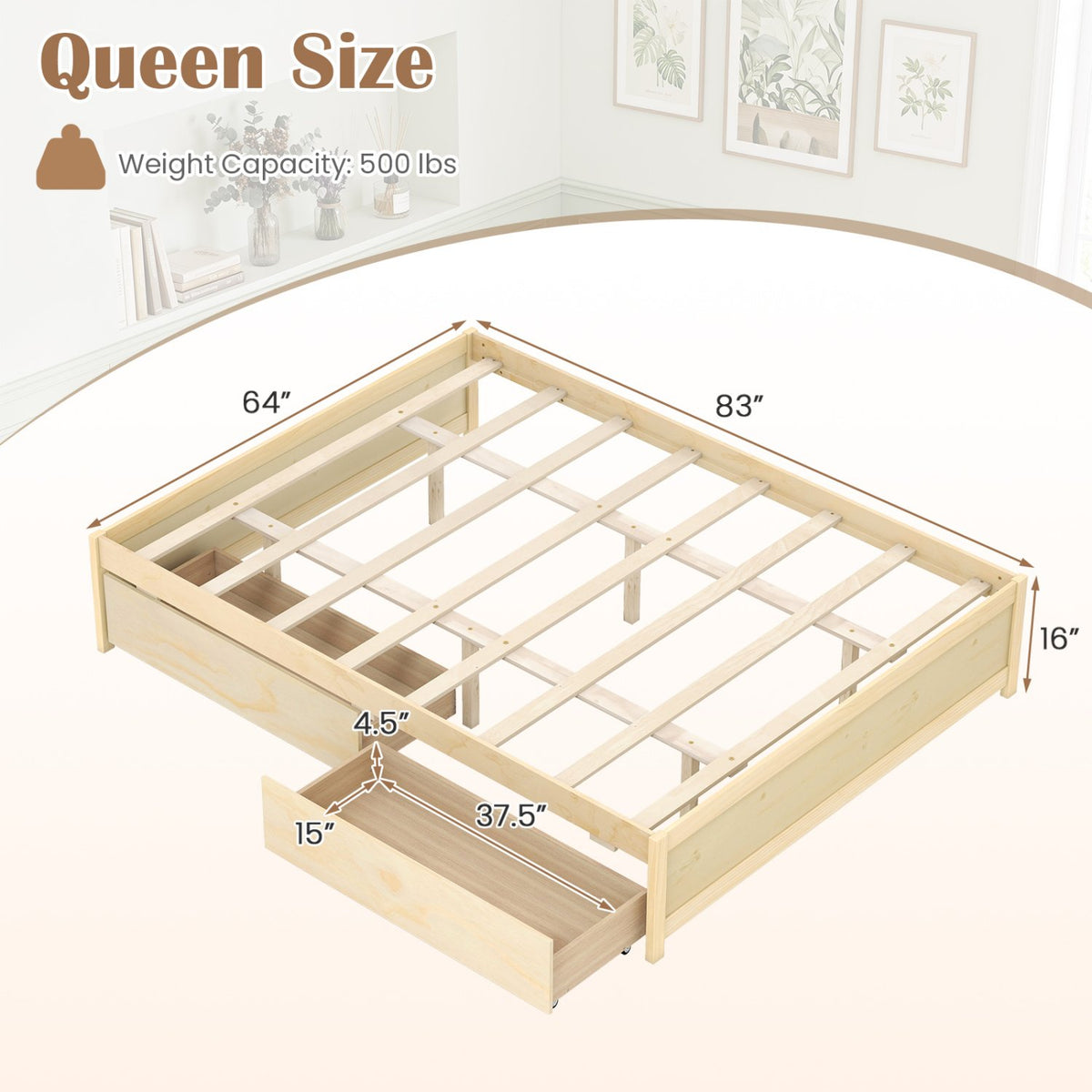 Queen Size Bed Frame with 2 Rolling Storage Drawers-Natural view 4