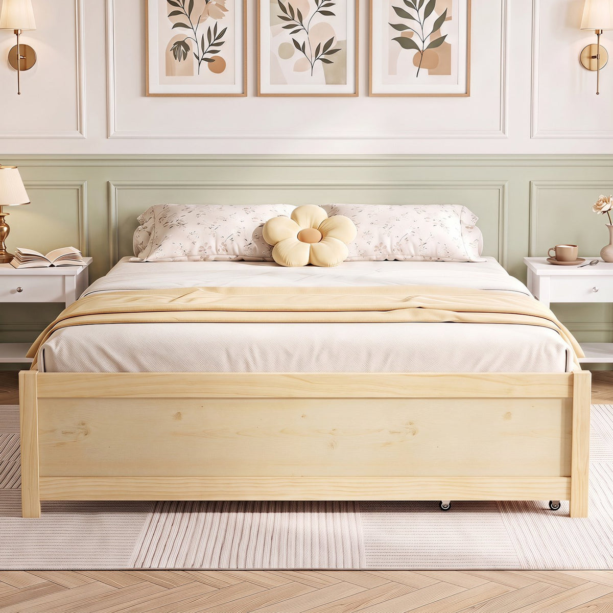 Queen Size Bed Frame with 2 Rolling Storage Drawers-Natural view 5