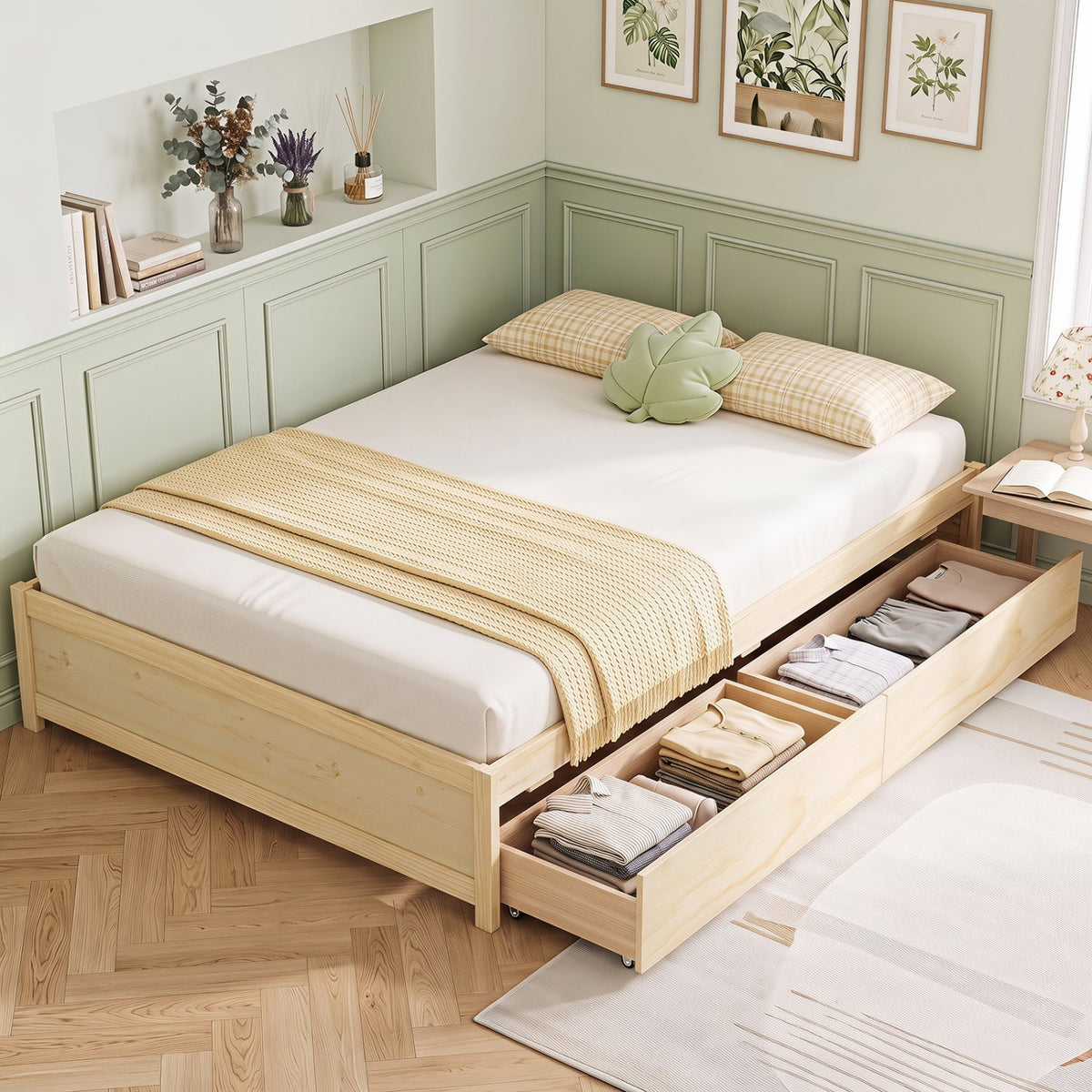 Queen Size Bed Frame with 2 Rolling Storage Drawers-Natural view 6