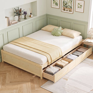 Queen Size Bed Frame with 2 Rolling Storage Drawers-Natural view 6