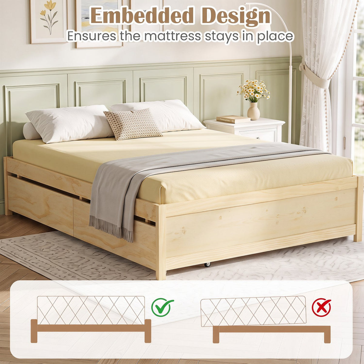 Queen Size Bed Frame with 2 Rolling Storage Drawers-Natural view 8