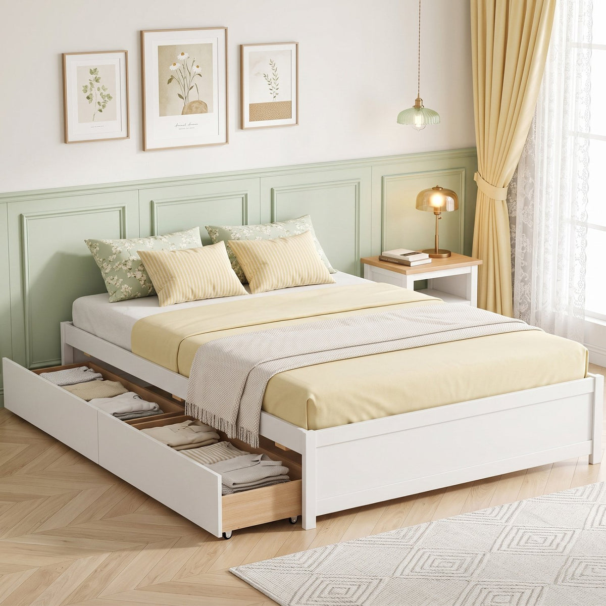 Queen Size Bed Frame with 2 Rolling Storage Drawers-White view 3