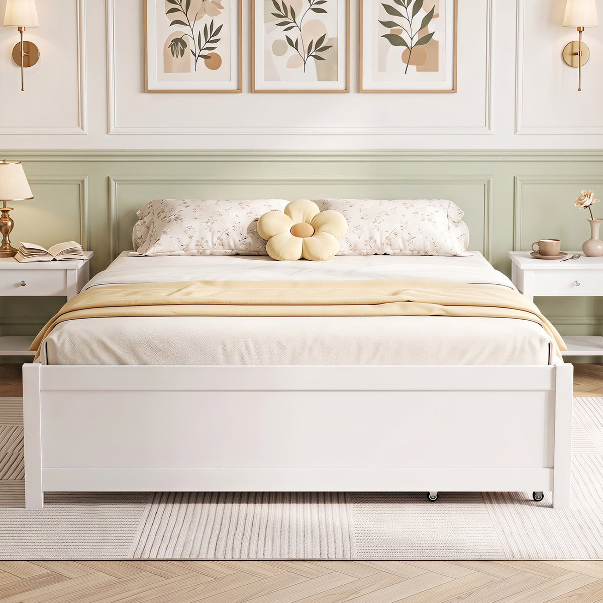 Queen Size Bed Frame with 2 Rolling Storage Drawers-White view 5